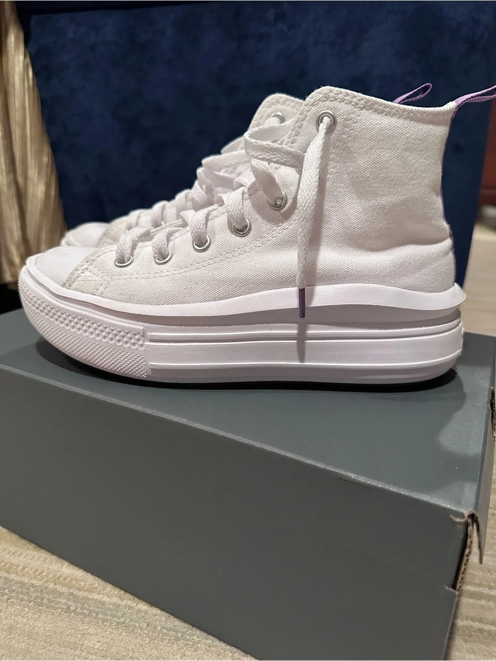 Converse Kids White High-Top Sneakers with Purple Heel Tabs